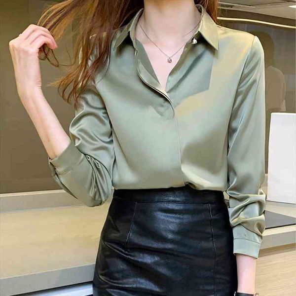 

silk button up womens shirt long sleeve satin clothing office chemise femme, White