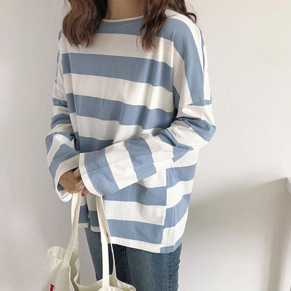 

women's t-shirt korean casual large size t shirt spring autumn for women harajuku striped long sleeve o-neck t-shirts female black, White