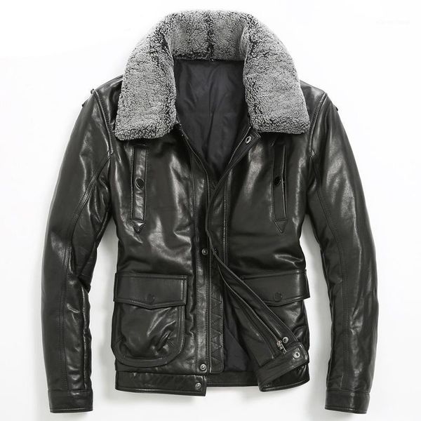 

men's leather & faux genuine jacket men short winter pilot mens sheepskin coat clothes blouson cuir homme 7125 kj1168, Black