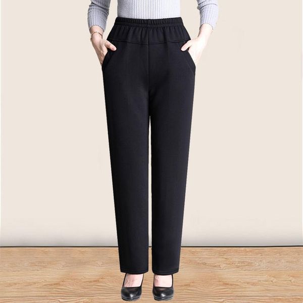 

women's pants & capris women 2021 atumn winter add velet mom female solid color loose straight ladies high waist casual warm trousers e, Black;white