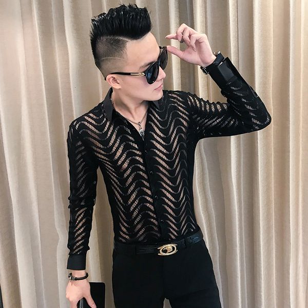 

2021 korean plus size casual shirts autumn new men's clothes fashion hollow male shirt lace all games for hombre 4xl idk7, Black;brown
