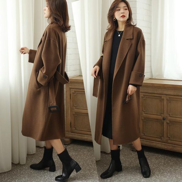 

coffee double faced cashmere coat women's mid long 2021 new winter loose cloth hepburn tweed coat, Black