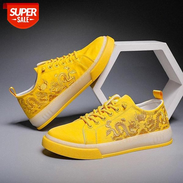 

new white fashion shoes men casual lace-up shoes male walking comfortable yellow dragon embroidered designer size 44 #0784