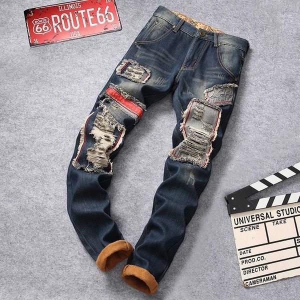 

foreign trade post man jeans cloth micro straight leg men's clothing of punk hair thickening warm trousers, Blue