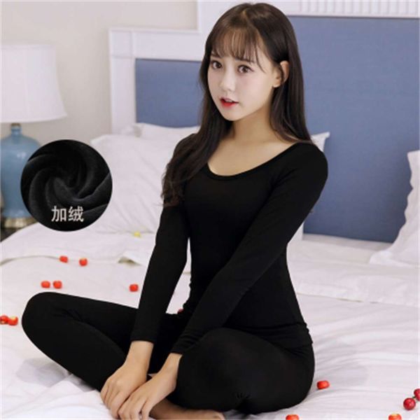 

clothes autumn pants women's ultra thin plush thermal underwear solid color bodybuilding basic round neck bottomed pajama cover, Black;pink