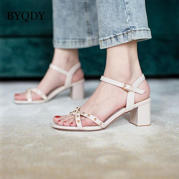 

dress shoes byqdy rivets female sandals glitter peep toe high heels ankle wrap woman open metal back strap lady white, Black