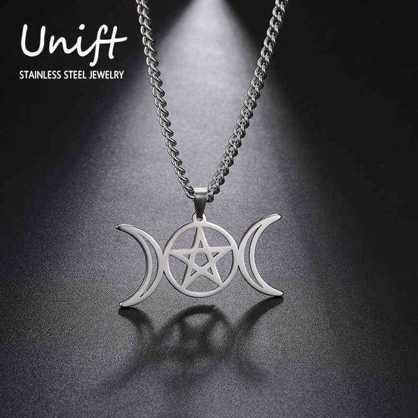 Unift Moon Goddess Colar para Mulheres Homens Wicca Pentagram Magia Amuleto Supernatural Amuleto Colares de Aço Inoxidável Jóias G1206
