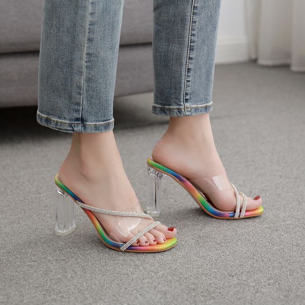 

70% off wholesale sandals flip-flops the new transparent crystal with color serpentine rhinestone high heels sandals female, Black