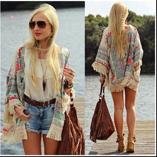 

fashion casual women blouses boho fringe floral kimono cardigan tassels beach cover up cape jacket drop, White