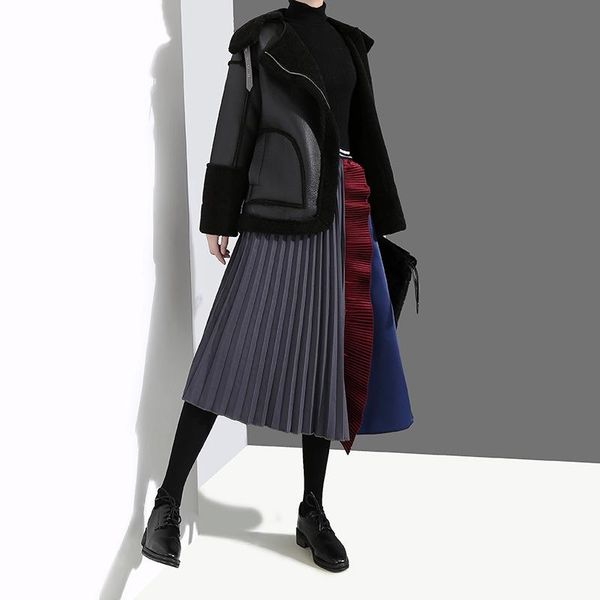 

elastic waist high gray ruffles asymmetrical pleated half-body skirt women fashion tide new spring autumn 2021 1dd2213, Black