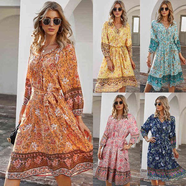 

casual dresses dign women's bohemian holiday print dresses with 7-point-sleeve a-line skirt, Black;gray