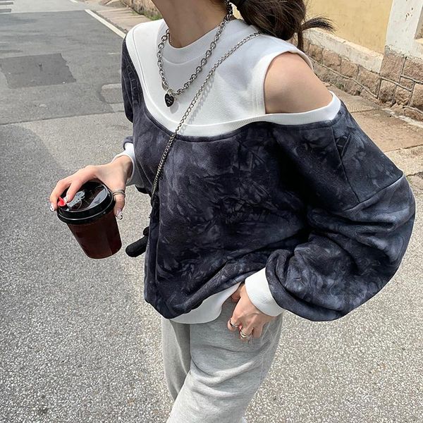 

women's hoodies & sweatshirts fashion off strapless autumn clothes women korean style loose o-neck patchwork casual hollow out, Black