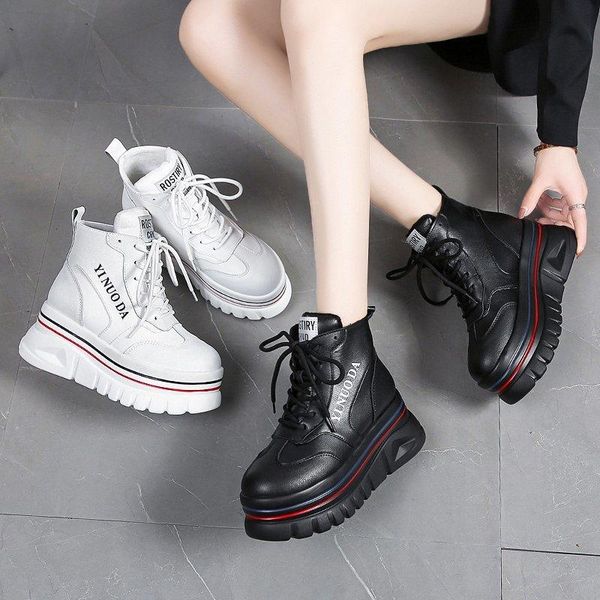 

boots platform chunky women thick bottom sneakers increased winter warm plush ankle woman leather metal motorcycle botas, Black