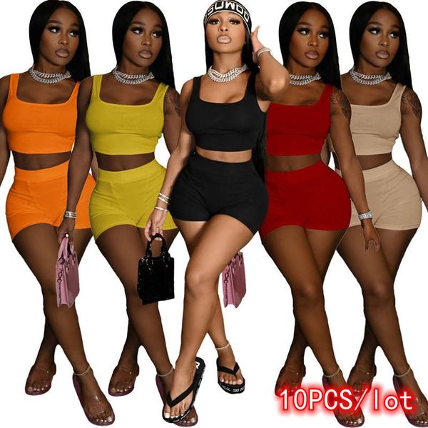 

women's tracksuits 10pcs wholesale item women 2 piece shorts set square neck sports solid color skinny lounge wear matching outfits, Gray
