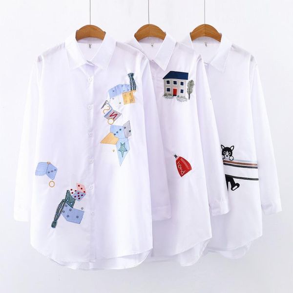 

spring women cartoon embroidery blouse shirt 2021 casual long sleeve white blouse lady long sleeve long office cotton shirt