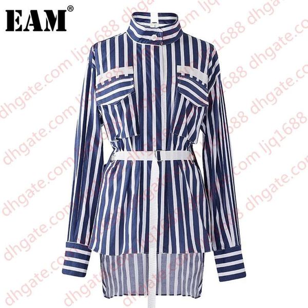 

eam] women vertical striped irregular bandage blouse new lapel long sleeve loose fit shirt fashion spring autumn 2021 1dc164, White