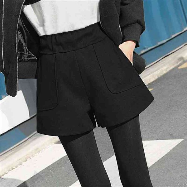 

women shorts autumn and winter fashion high waist solid casual loose thick warm elastic waist straight shorts pockets, White;black