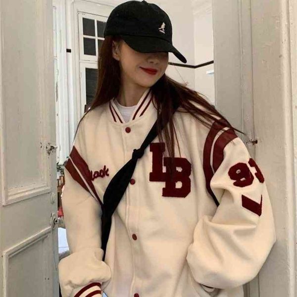 

harajuku bf jacket spring and autumn loose japanese college style baseball uniform mid length female student ins 210818, Black;brown