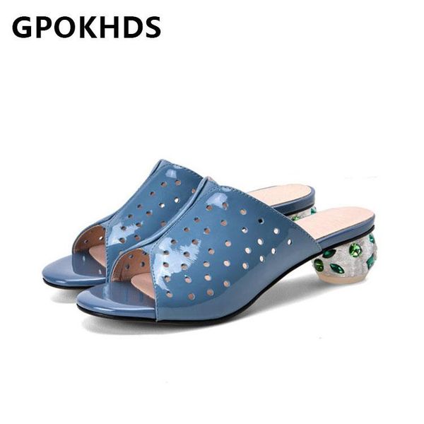 

slippers gpokhds 2021 women soft cow leather autumn spring blue color open toe cut-outs high heels sandals mules, Black
