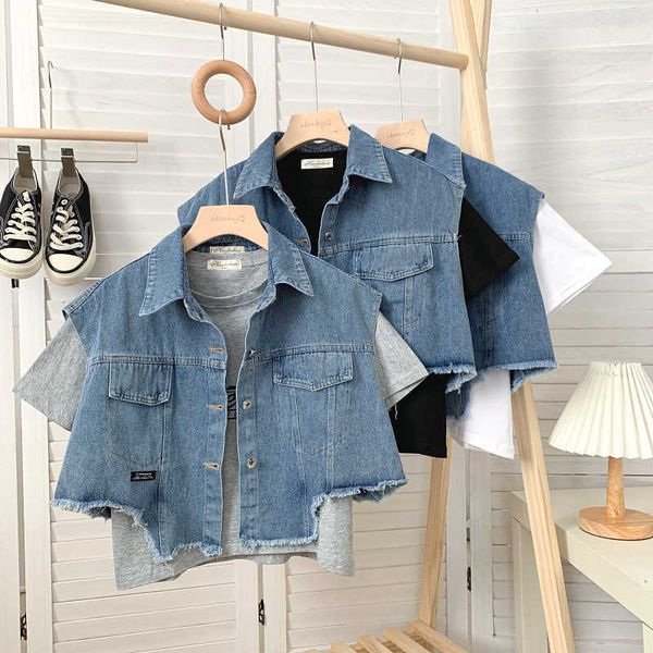 

summer casual fashion o neck short sleeve letter t shirt print lapel sleeveless denim vest coat single-breasted sets retro 210610, White