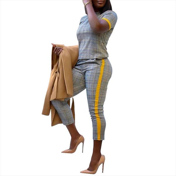 

spring summer o neck women tracksuits short sleeve pants suits plaid print two piece set casual fitness outfits, Gray