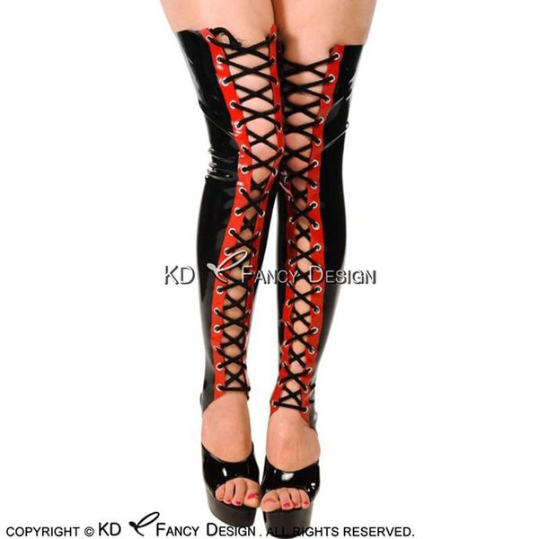 

party masks black and red long latex stockings with lacing front rubber thigh high wz-0019
