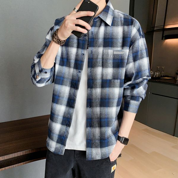 

2021 brand spring autumn long sleeves new flannel collar korea style shirt for men's plaid harajuku clothing tn51, White;black