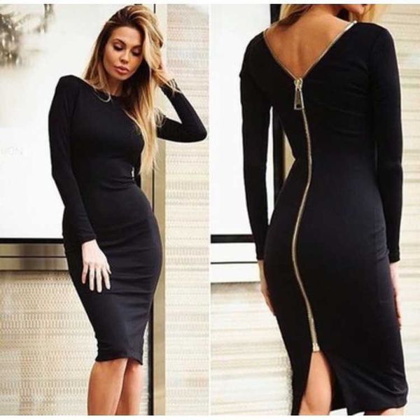 

nightcb back zipper knitted long sleeve knee length drs, Black;gray