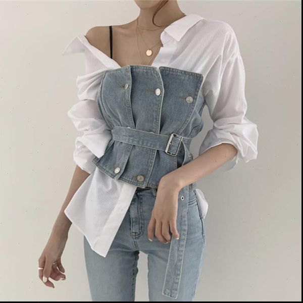 

tvvovvin 2021 new autumn chic small personality lapel stripe shirt belt tube cowboy women two piece outfits b772, White