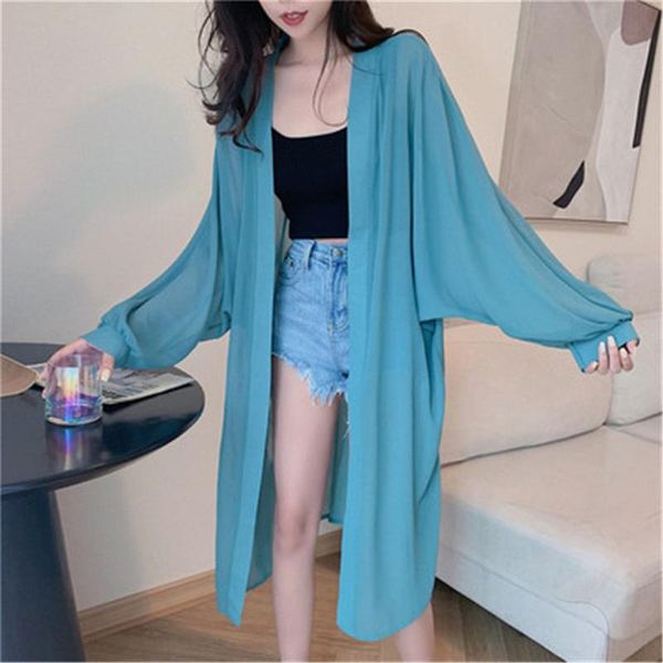 

women's blouses & shirts blouse shirt women long cardigan chiffon shawl female cardigans autumn summer lantern sleeve casual thin coats, White