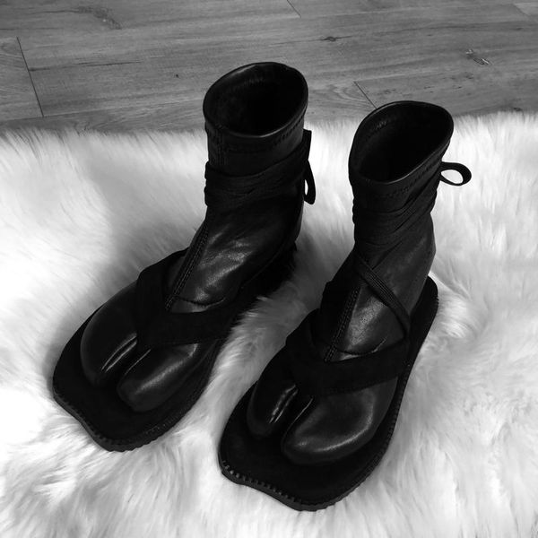 

boots fashion split toe women chunky round high heels leather botas mujer 2021 brand design winter shoes, Black