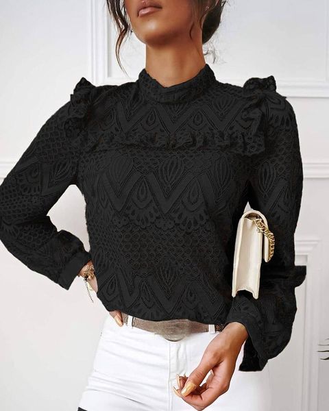 

2021 new fashion women fall elegant casual lace frill hem hollow out long sleeve lady pre-fall lace high neck blouse, White