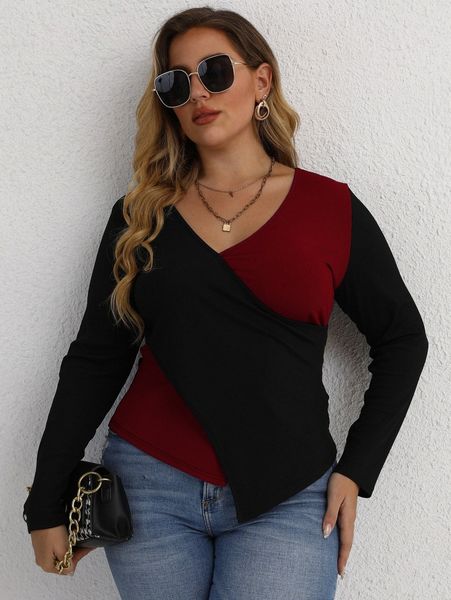 

plus color-block v-neck tee d90j#, Black