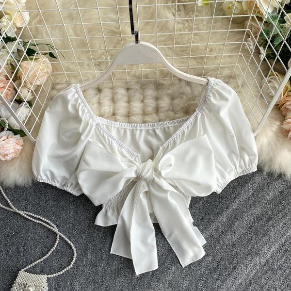 

summer korea fashion women casual short solid color bow v-neck puff sleeve blouse and h583 women's blouses & shirts, White