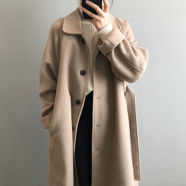 

women's wool & blends 2021 woolen coat loose hepburn style women winter coats and jackets, Black