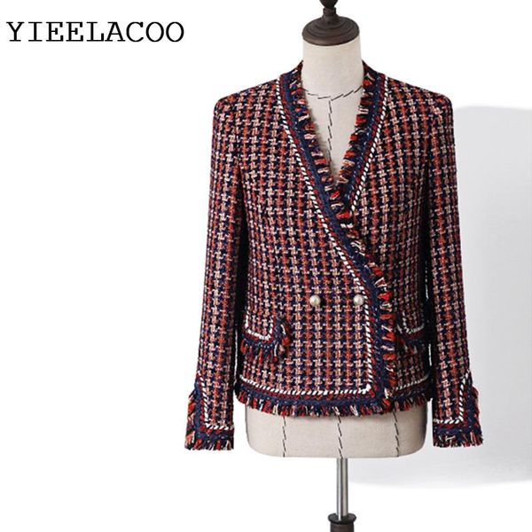

women's jackets tweed jacket red plaid heavy tassel v-neck style autumn/winter casual vacation ladies one-piece, Black;brown