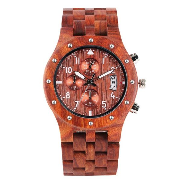 

redfire red wood chronograph dials calendar design men watch quartz wooden bangle wristwatch business stylish mens watches, Slivery;brown