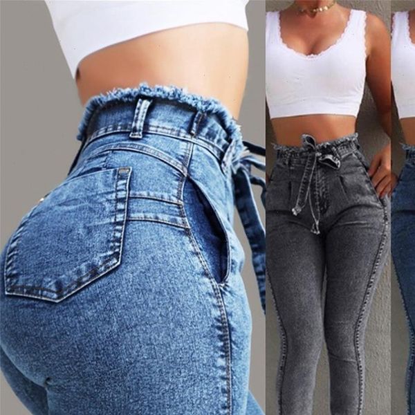 

2021 summer high waist jeans women streetwear bandage denim plus size jeans femme pencil pants skinny jeans woman, Blue