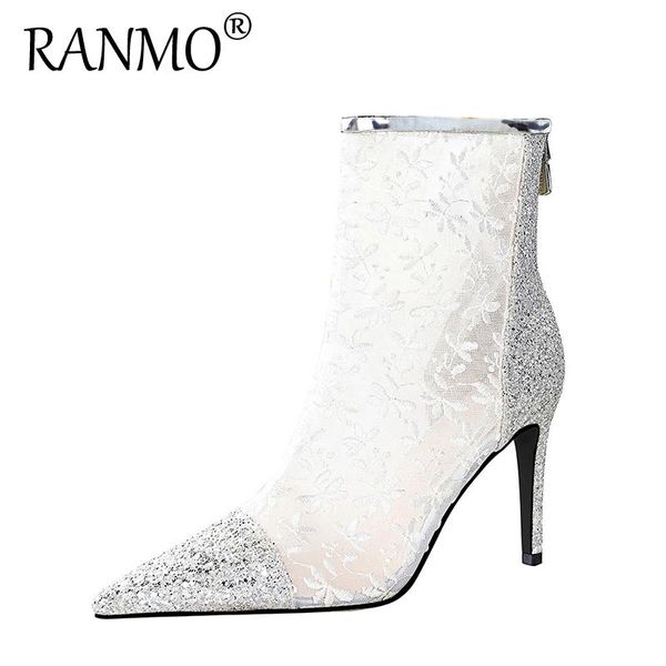 

boots autumn women's stiletto high heels sequin pointed embroidery thread transparent mesh hollow white lace short, Black