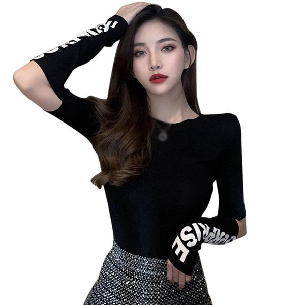 

women's t-shirt women spring autumn korean style retro fashion tees slim thin letter print round neck design long sleeve top, White