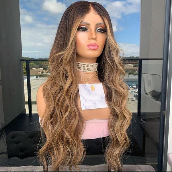 

lace wigs dark brown ombre body wavy front human hair preplucked full wig for women 360 frontal ponytail remy 200density, Black;brown