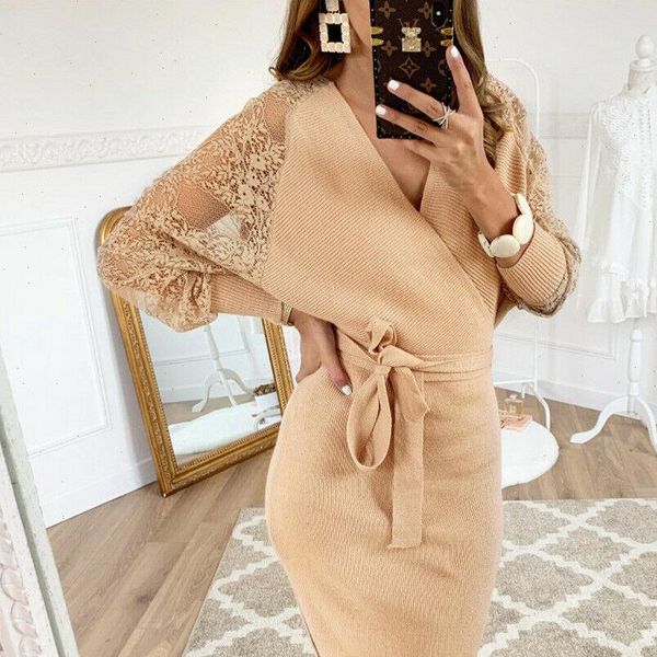 

autumn winter elegant knitted dress women 2021 new woolen split pencil dress lace long sleeve v neck party clubwear belt lady, Black;gray