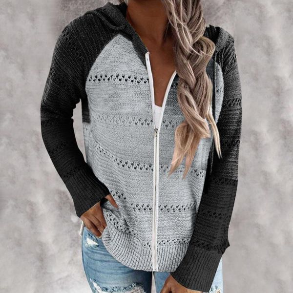 

women's jackets autumn hooded coat women casual zip up patchwork kintted outwear female harajuku streetwear long sleeve zipper jacket c, Black;brown