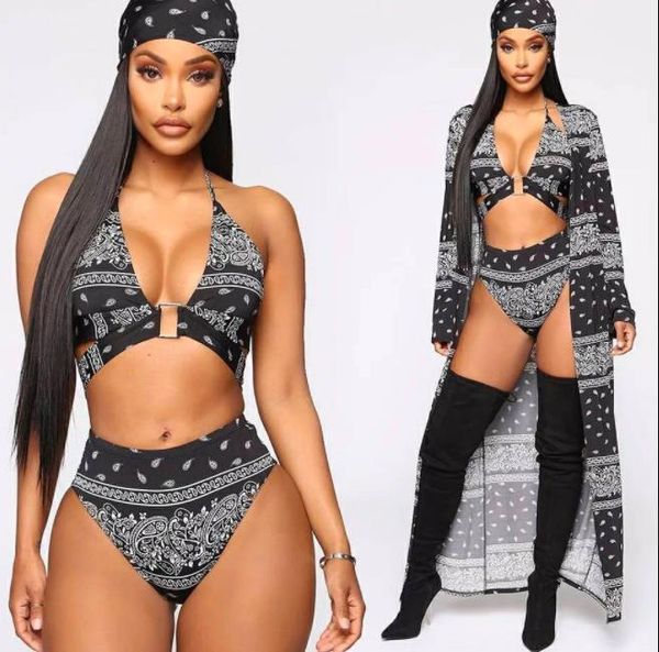 

women bandana print four pieces set swimsuit, Gray