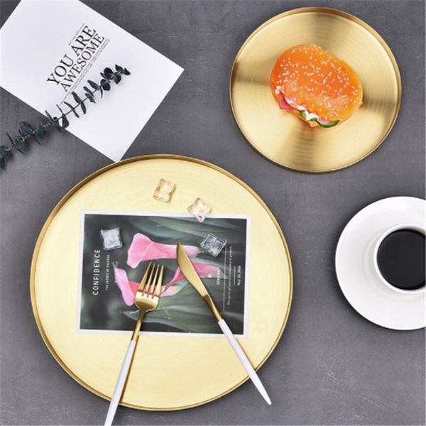

kitchen storage & organization golden stainless steel round tray cosmetics jewelry display fruit plate dessert pan home tea organizer