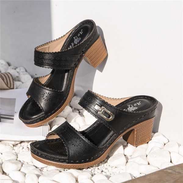 

slippers shoes woman 2021 female low big size mules heels basic fabric rome scandals high pu slides hoof, Black