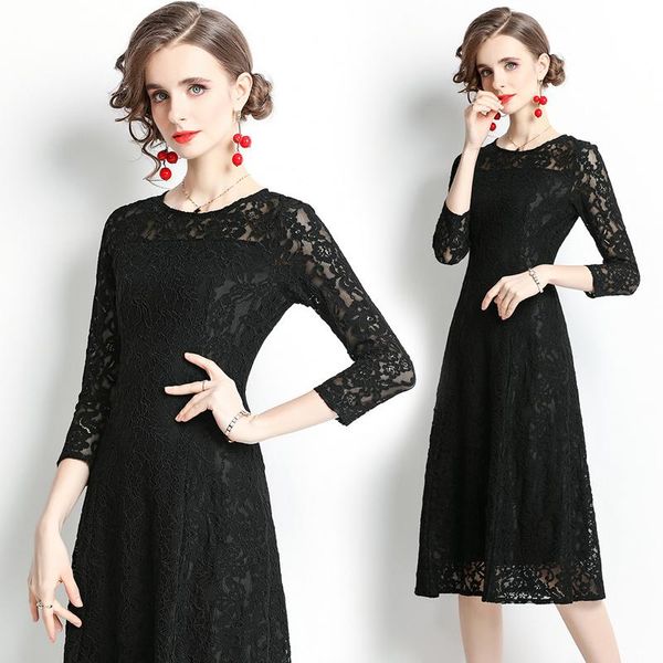 

casual dresses simgent black lace dress woman three quarter sleeve a line one neck knee length clothing robe femme sg1964, Black;gray
