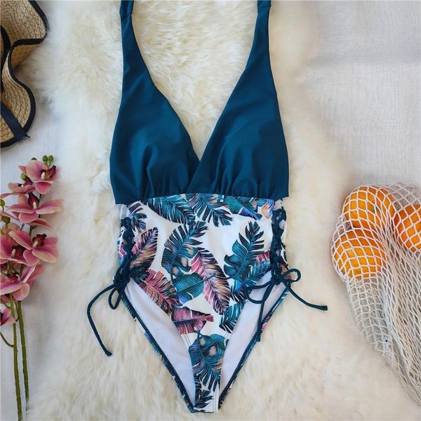 

one piece swimsuit 2021 solid green swimwear women swimsuit v-neck bathing suit beach wear lace up monokini swim