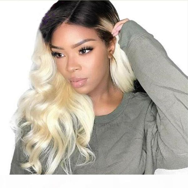 

natural hairline 150% density blonde wavy lace front wig ombre 1b 613 body wave dark roots remy hair full lace wigs, Black;brown