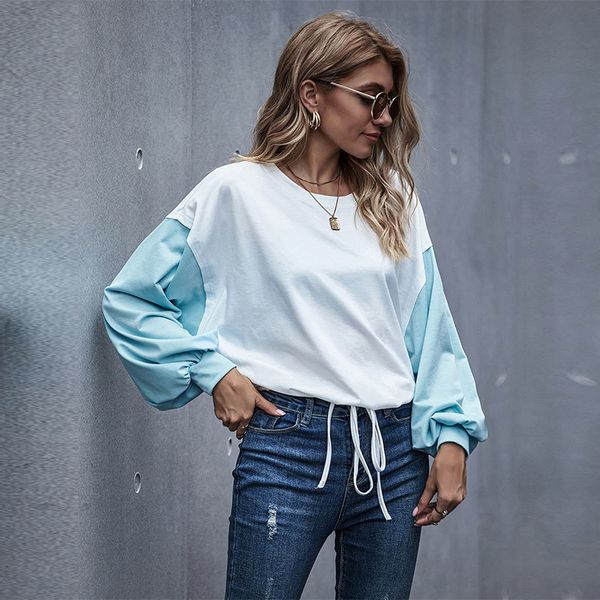 

2021 new autumn solid patchwork t women casual o neck full sleeve bandage shirt 73cg, White